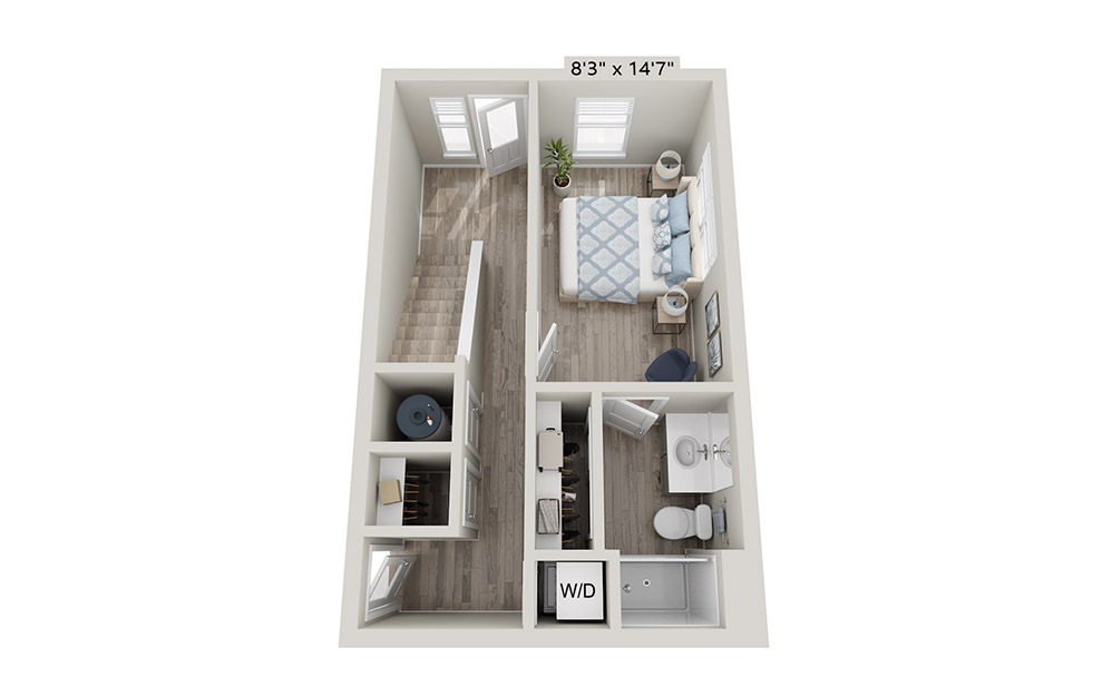 The Ruby 2 bed and 2.5 bath 3D floorplan of the first floor Lookout View Townhome