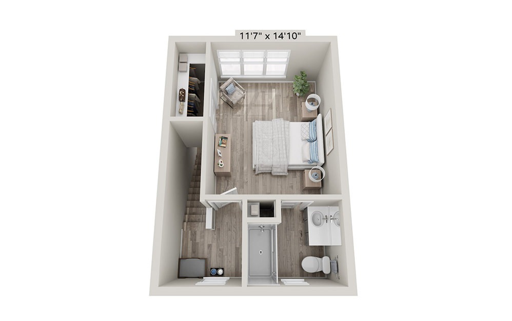The Ruby 2 bed and 2.5 bath 3D floorplan of the third floor Lookout View Townhome
